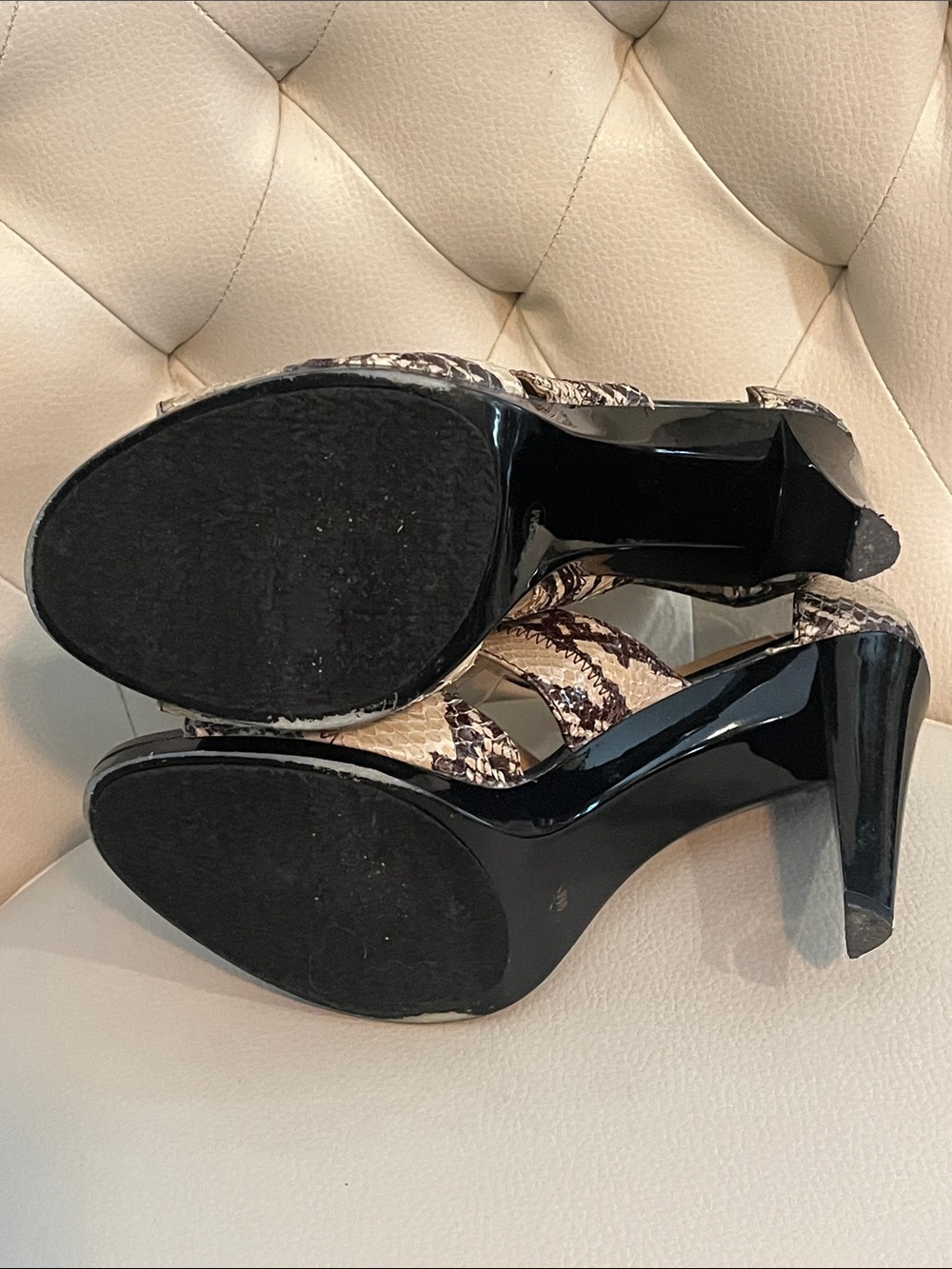 Michael Kors Beige and Black Snake Print Zippered High Heel Sandals - Picture 7 of 10